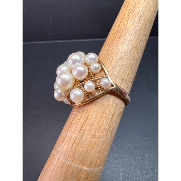 Vintage 14K Gold Cluster Pearl Cocktail Ring – Mid Century Dome Design- size 6 - Picture 10 of 16